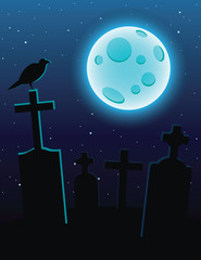 Vector colorful illustration of a cemetery with moonlight over a dark blue sky. Graves with crosses and a full blue moon. Design flyer for Halloween with a raven sitting on a graveyard