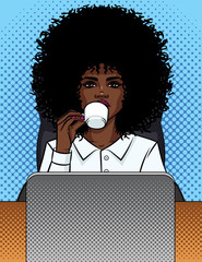 Vector illustration of a comic pop art style business woman sitting in an office and drinking coffee. African American girl secretary in an office chair behind a computer. Office worker woman
