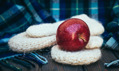 Red apple and warm winter woolen clothes