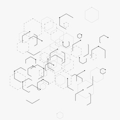 Abstract vector illustration with hexagons, lines and dots on white background. Hexagon infographic. Digital technology, science or medical concept. Hexagonal geometric vector background.
