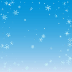 Winter blue sky with falling snow, snowflake. Holiday Winter background for Merry Christmas and Happy New Year. Vector illustration
