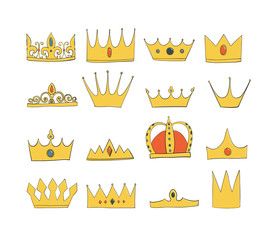 crowns with gems and diamonds set. A symbol of authority. Headpiece of the King. Icon denoting success and insignia. Gold crown