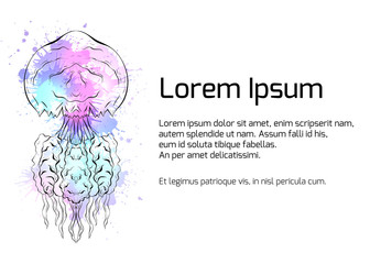 Template banner with Contour black and white illustration of jellyfish with watercolor splashes. Linear illustration for presentations, banners, articles, postcards and your design