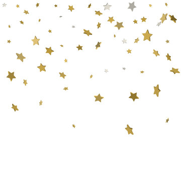 Abstract pattern of random falling gold stars on white background. Glitter template for banner, greeting card, Christmas and New Year card, invitation, postcard, paper packaging. Vector illustration.
