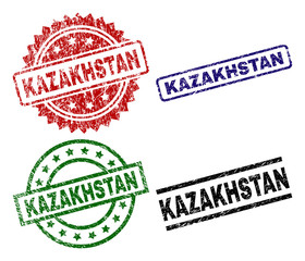 KAZAKHSTAN seal prints with damaged surface. Black, green,red,blue vector rubber prints of KAZAKHSTAN title with retro style. Rubber seals with circle, rectangle, medal shapes.