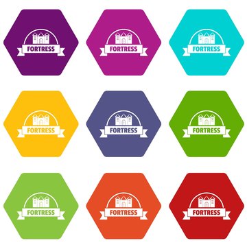 Emblem fortress icons 9 set coloful isolated on white for web