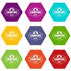 Summer camping icons 9 set coloful isolated on white for web