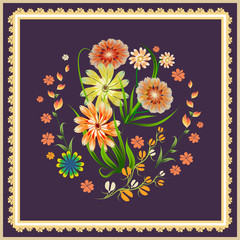 Vector floral pattern for design hijab scarf scarf multicolored flowers composition in circle on purple background with square frame