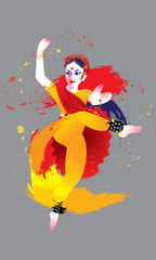 Isolated vector of a colourful dancing woman with Indian costume, presented in energetic ink splashing style.