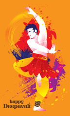 Deepavali vector of a colourful dancing man with Indian costume, presented in energetic ink splashing style.