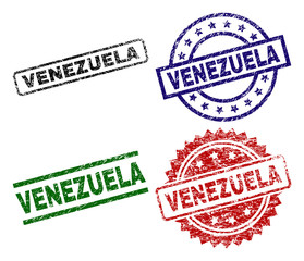 VENEZUELA seal prints with corroded style. Black, green,red,blue vector rubber prints of VENEZUELA title with scratched style. Rubber seals with round, rectangle, medallion shapes.