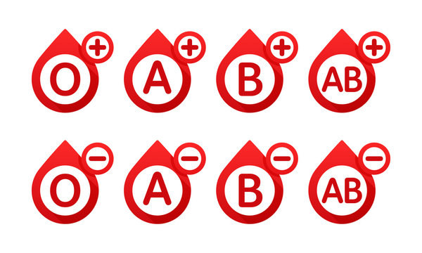 Blood Type In The Form Of A Drop Of Blood Vector Icons. Different Blood Types Vector Illustration. Blood Test