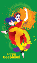 Obraz na płótnie Canvas Deepavali vector of a colourful dancing woman with Indian costume, presented in energetic ink splashing style.
