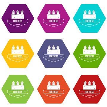 Luxury fortress icons 9 set coloful isolated on white for web
