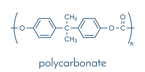 Polycarbonate (PC) plastic, chemical structure. Made from phosgene and bisphenol A. Skeletal formula.