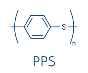 Polyphenylene sulfide (PPS) polymer, chemical structure. Commonly used engineering plastic. Skeletal formula.