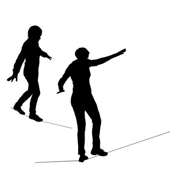 Vector dark silhouettes of two girls in full growth going balancing on a rope isolated on white background side view and a back view Rope walker