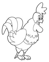 cartoon scene with happy rooster standing and smiling - vector coloring page - illustration for children