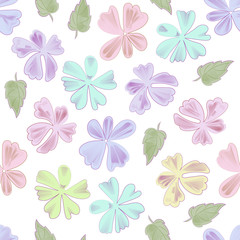 Delicate floral print in pastel colors of colorful fantasy creative flowers on a white background gentle pattern for girls