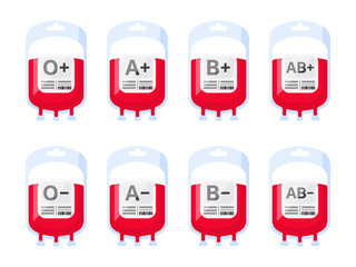Blood bags with blood types vector illustration. Blood group vector icons isolated on white background.