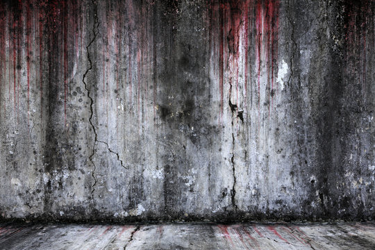 Bloody background scary old cement wall and floor, concept of horror and Halloween