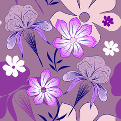 Fashionable floral seamless pattern with violet fantasy creative colors in hand-made style on a lilac background