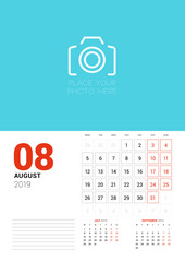 Wall calendar planner template for August 2019. Week starts on Monday. Vector illustration