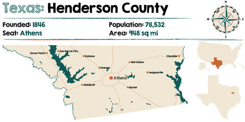 Detailed map of Henderson county in Texas, USA.
