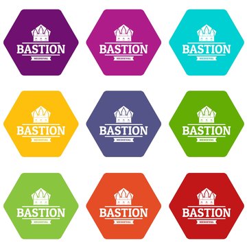 Bastion medieval icons 9 set coloful isolated on white for web