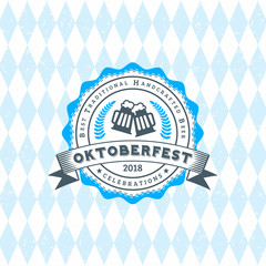 Beer festival Oktoberfest celebrations. Vintage beer badge on the traditional Bavarian linen flag background