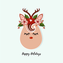 Cute Deer vector illustration as logo, badge, patch isolated on background. Deer for invitation, birthday, greeting, party, Merry Christmas motive, t-shirt design, winter holidays. Happy holidays card