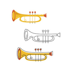 Vector set with icons of cornet or horn isolated on background. Flat and line style.