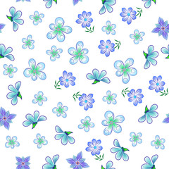 Fashionable floral seamless pattern with small violet creative flowers and intertwining green stems with a leafy white background for fabric design, a texture with a botanical motif