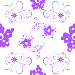 Fototapeta na wymiar Vector floral lilac pattern drawn flowers from curls on a white background two-color creative composition