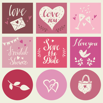 Valentines day, wedding cards set