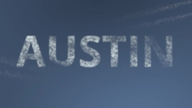 Flying airplanes reveal Austin caption. Traveling to the United States conceptual intro animation