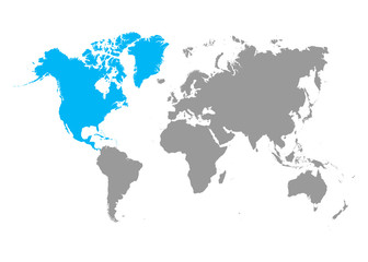 Grey world map. North america blue color