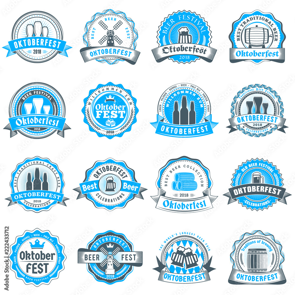 Wall mural Beer festival Oktoberfest celebrations. Set of retro vintage beer badges, labels, logos for bar, pub, beer party. Vector design elements. Blue and black on white background