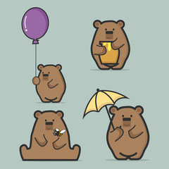 Set of cute  brown bear  flat style