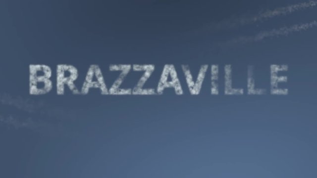 Flying airplanes reveal Brazzaville caption. Traveling to Republic of the Congo conceptual intro animation