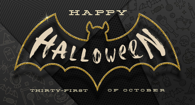 Halloween Vector illustration. Brush calligraphy greeting inside a outline of glitter gold bat, against a black paper background with linear Halloween signs and symbols.