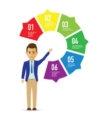 man next to an infographic