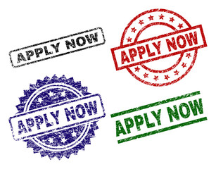 APPLY NOW seal imprints with corroded texture. Black, green,red,blue vector rubber prints of APPLY NOW text with scratched texture. Rubber seals with circle, rectangle, rosette shapes.
