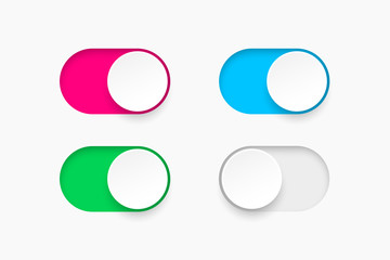 On and Off toggle switch buttons. Material design switch  buttons set. Vector illustration. - obrazy, fototapety, plakaty