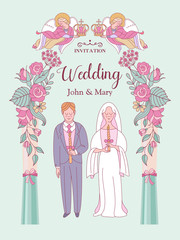 Happy weddings. Vector illustration. Wedding ceremony.  Wedding card, wedding invitation.