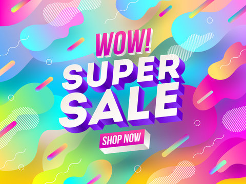 Super sale promotion design. Vector illustration. Three-dimensional letters against a multicolored abstract background.