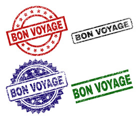 BON VOYAGE seal prints with damaged surface. Black, green,red,blue vector rubber prints of BON VOYAGE label with dust surface. Rubber seals with circle, rectangle, medallion shapes.