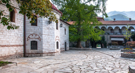 Bachkovo, Plovdiv / Bulgaria – 08/21/2018: Panoramic view of Medieval Bachkovo Monastery, Bulgaria