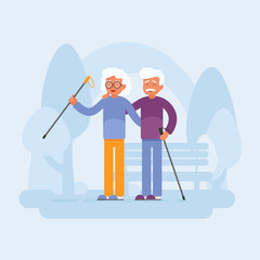 Old people sport activities. Happy Senior Couple making nordic walking In the Park. Vector illustration 