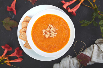 Cream of pumpkin soup. Thanksgiving Day. vegetarian